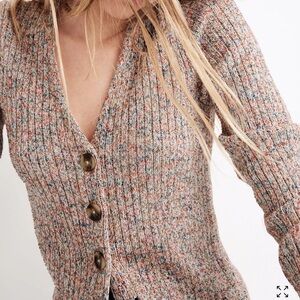 Marled Shrunken Ribbed Cardigan Sweater